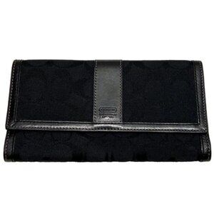Coach Legacy Slim Trifold Wallet Signature Logo Black Canvas Leather Trim EUC